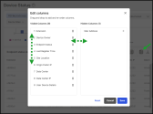 Device Status dashboard: Edit Columns dialog in Endpoints status details table showing visible and hidden columns, with options to drag, remove, or add columns such as Start, End, Extension, and User Device Details 